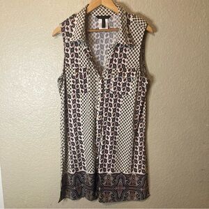BCBGMaxazria Tunic Blouse Women's Large Collared Sleeveless Printed Tank Top